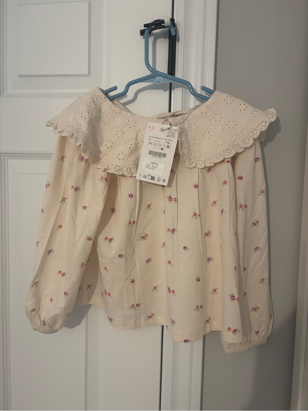 ZARA 5T Girls Cream Floral Eyelet Collar Long Sleeve Top